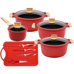 Topf-Set KING "GOURMET", rot, Töpfe, 4 Töpfe inkl. Glasdeckel mit Silikonrand, keramisch verstärkte Antihaft-Beschichtung »XYLANTM PLUS SILVER DIAMOND«, 1 Schneidebrett, 3 Messer, 1 Schere