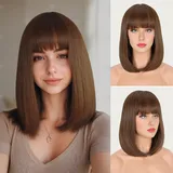 FESHFEN Kurze Bob Hellbraun Perücken mit Pony für Damen Mittellange Synthetik Perücken Gerade Haar Perücken für Frauen 35 cm