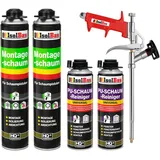 Isolbau Bauschaum-Set - Inkl. 2 x 1K Montageschaum B2 Pistolenschaum mit hervorragender Schall und Wärmedämmung (je 750 ml), 2 x PU-Schaum-Reiniger (500 ml) & 1 x Schaumpistole, Dämmen