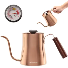 Navaris Wasserkocher Wasserkessel für Kaffee Zubereitung - 1l Schwanenhals Kessel inkl. Thermometer - mit langem Ausgießer und Holzgriff - Kupferdesign