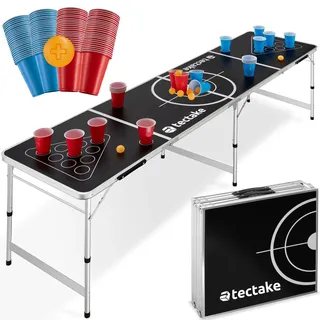 Tectake tectake® Bierpong-Tisch, aus Aluminium, bodenschonende Kunststofffüße, inklusive 100 Bechern und 6 Bällen