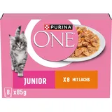 Purina One Junior Katzenfutter nass mit Lachs und Karotten in Sauce, mit DHA, Gehirn und Sehvermögen, für Kätzchen, 10er Pack (10 x 8 x 85g)