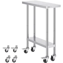 Vevor Zubereitungstisch Edelstahl Gewerblich, Zubereitungstisch mit 4 Rädern, 3 einstellbaren Höhenstufen, 762 x 305 x 954,6 mm Arbeitstisch zur Lebensmittelzubereitung für gewerbliche Restaurants