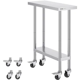 Vevor Zubereitungstisch Edelstahl Gewerblich, Zubereitungstisch mit 4 Rädern, 3 einstellbaren Höhenstufen, 762 x 305 x 954,6 mm Arbeitstisch zur Lebensmittelzubereitung für gewerbliche Restaurants