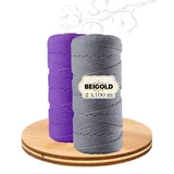 BEIGOLD® Premium Makramee Garn 2er Set Lila+Grau (3mm x 100 m) für wunderschöne natürliche Optik. Baumwollgarn für Makramee Kunst DIY Handwerk
