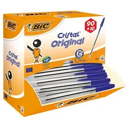 90 + 10 GRATIS: BIC Kugelschreiber Cristal® Medium transparent, Schreibfarbe: blau, 90 St. + GRATIS 10 St.