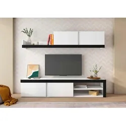 SKRAUT HOME IDEM Wohnwand, Moderne Möbel, 1 TV-Schrank, 1 Regal und Schrank, Weiß/Schwarz, 200 x 180 x 40 cm - SALONIDEMBLANCO