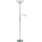 Reality Leuchten LED Deckenfluter, Lesearm, LED wechselbar, Warmweiß, groß 180cm, mit Flex Leselampe, Steh-Lampe Silber Lampenschirm-e Glas silberfarben