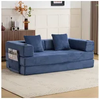Vankel Loungebett Sofas Wohnzimmer, Sofa mit Schlaffunktion aus Cord mit Cupholder, Faltbares Schlafsofa mit Seitentaschen, Cupholdern und ohne Montage blau