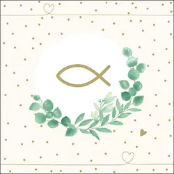 Ambiente 20 Servietten Papier 33x33cm 3-lagig - hochwertige Einweg Papierservietten Fischsymbol Eukalyptus Motiv Tischdeko Religion Kommunion Firmung Taufe
