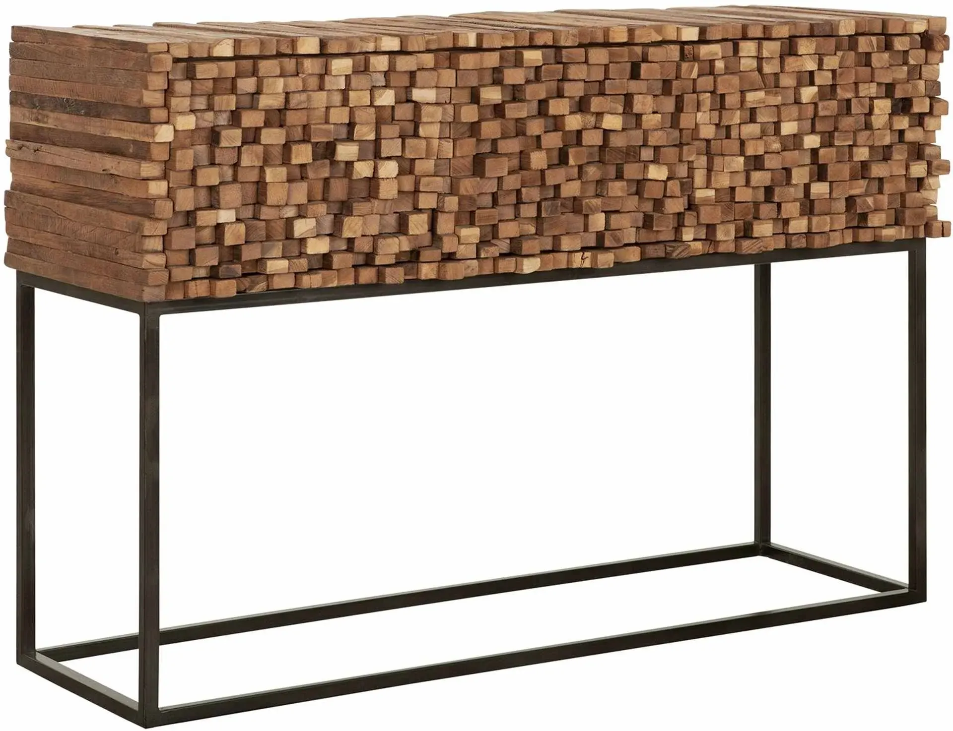 Sideboard Sticks aus Teakholz, massives Design, naturfarben, schwarzes Metallgestell, drei Schubladen