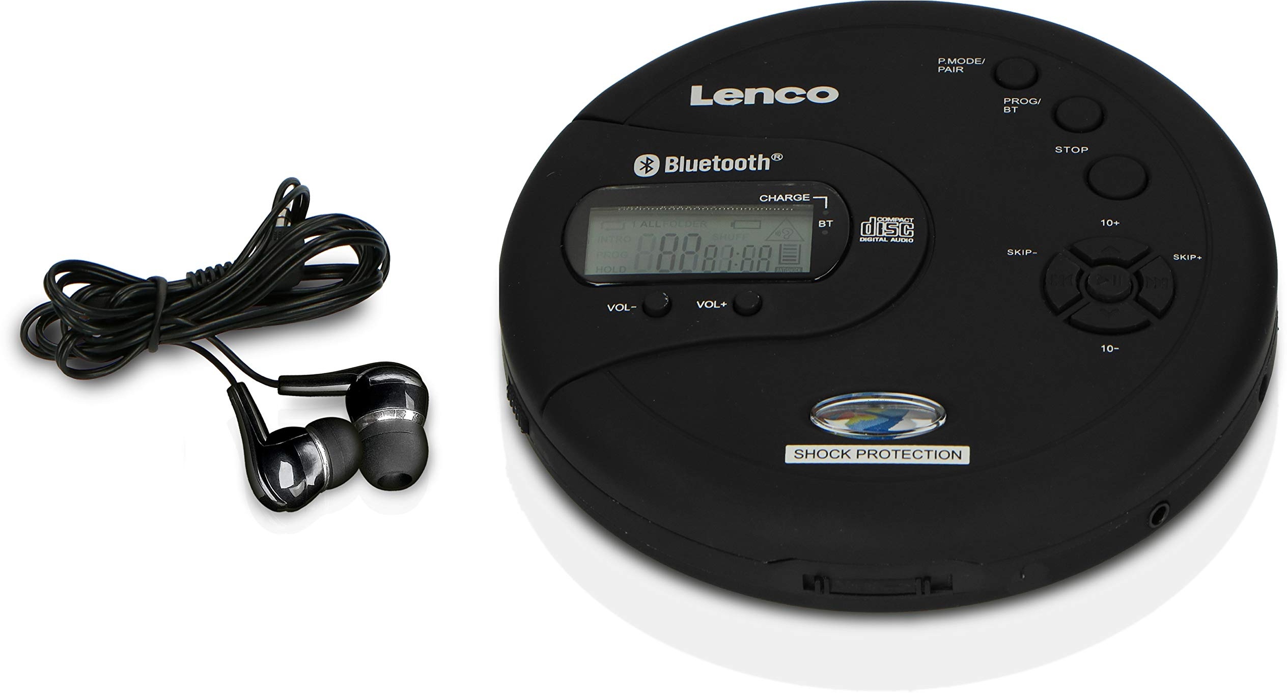 Lenco CD-300 - Tragbarer CD-Player Walkman - Bluetooth Diskman - CD Walkman - MP3 Funktion - Antishock - 2 x 2000mAh Akku - Kopfhörer - Micro USB Ladekabel - Schwarz