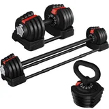 Yaheetech 3-in-1 Verstellbare Hanteln aus Kurzhantel & Kugelhantel & Langhantel Hantel-Set Gewichtsstufen 1,5 kg bis 18 kg Einstellbares Hantelset mit 3 Modi Hantel & Kettlebell & Langhantel