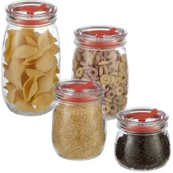Relaxdays Vorratsgläser 4er Set, Deckel mit Strohhalmöffnung und Dichtung, Glasdosen für Nudeln, Getränke, transparent
