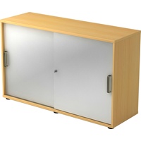 bümö Schiebetürenschrank "2OH" - Aktenschrank abschließbar, Sideboard Schrank mit Schiebetüren in Buche/Silber - Büroschrank aus Holz mit Schiebetür,