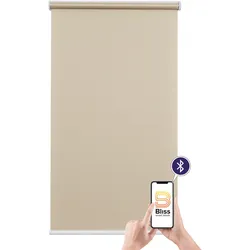 Elektrisches Rollo SUNLINES "Mosaik", beige (beige, weiß), B:80cm H:180cm, Polyester, Metall, Kunststoff, Rollos, appgesteuert via Bluetooth, mit Akku und Motor, weißer Fallstab