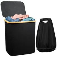 Wäschekorb mit Deckel, 80L Wäschesammler Schmal mit Wäschesack Groß Faltbarer Wäschesortierer Holz Bambus Wäschetruhe Hoch Laundry Baskets-Schwarz