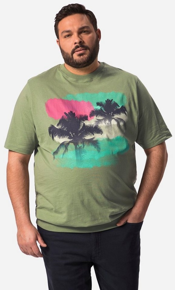 Men Plus T-Shirt Men+ T-Shirt Bauchfit Halbarm großer Print grün 60