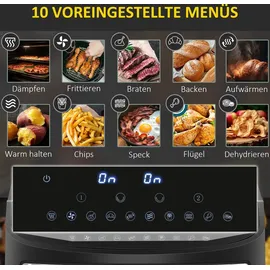 Homcom Heißluftfritteuse 8L Fritteuse mit Doppelkammer, Airfryer mit 10 Programmen, 2400 W Luftfritteuse mit Touchscreen, Rezeptur, ohne Öl, Schwarz - Schwarz