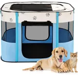 Avont Tierlaufstall Tragbar Welpenauslauf Hundebox für Hund & Katze, Leicht Faltbar & Abschließbar Kreißsaal für Reißen Camping Haustier Play Pen Zelt - S - Blau