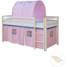 Homestyle4u Hochbett 90 x 200 cm Kiefer lackiert weiß rosa