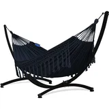Potenza Outdoor Hängematte mit Gestell für 2 Personen I Baumwolle Doppelhängematte XXL 220x160, 200kg I Hängemattengestell 220kg, wetterfest (Santia-Schwarz, Gestell Schwarz)