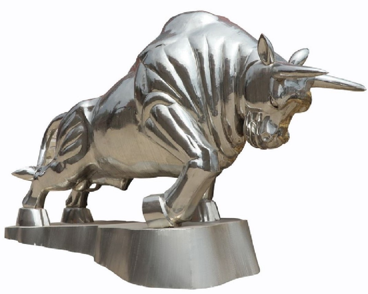 Casa Padrino Luxus XXL Garten Deko Skulptur Stier Silber H. 240 cm - Riesige XXL Garten Deko Edelstahl Figur - XXL Edelstahl Tierfigur - XXL Edelstahl Garten Skulpturen