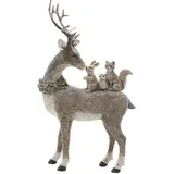 Dekohelden24 Hirschdeko, Deko-Rentier, Deko-Hirsch, Hirsch mit Geweih und 3 Eichhörnchen auf dem Rücken aus Keramik in grau, L/B/H ca. 16 x 5 x 26 cm.