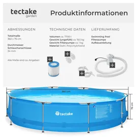 Tectake Stahlrahmenpool 360 x 76 cm inkl. Filterpumpe