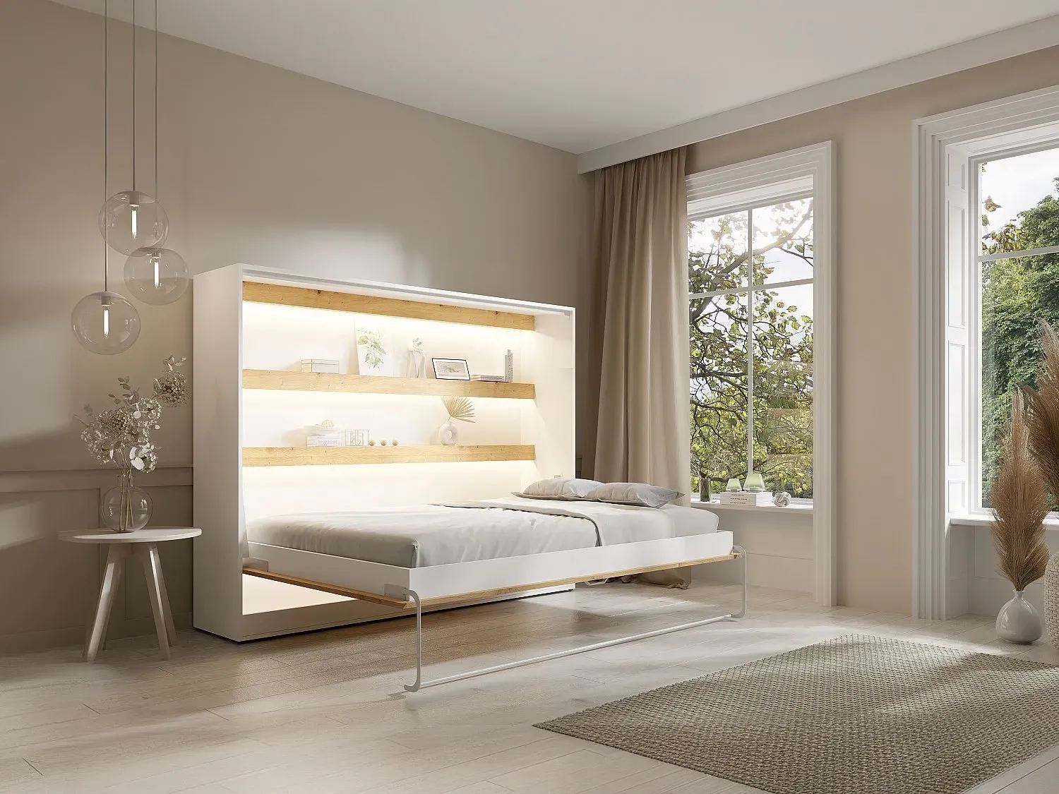 Schrankbett - 140 x 200 cm - Manuelle horizontale Öffnung - Mit LED-Beleuchtung - Weiß & Holzfarben - RAPILI