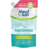 Hand san Cremeseife parfümfrei Nachfüllbeutel 500ml, parfüm-, seifen und farbstofffrei, Händewaschen & Gesichtsreinigung, Rezeptur ohne Mikroplastik, pH-hautneutral, VEGAN