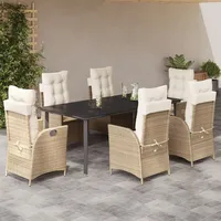 VidaXL 7-tlg. Garten-Essgruppe mit Kissen Beige Poly Rattan