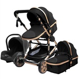 TPFLiving Kombi-Kinderwagen 3in1 Set - Modell 2 Stoff - Schwarz-Gold-Schwarzer Griff