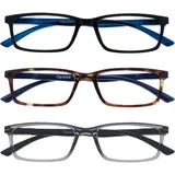 OPULIZE SEE Blaulichtfilter Lesebrille für Damen Herren, Blendfreie UV400-Schutz Federscharnier Anti-Müdigkeit, Rechteckiger Rahmen, Computerbrillen Gaming, 3er-Pack Schwarz Braun Grau +1,00
