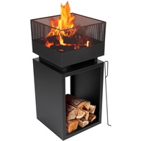 BBQ Collection Feuertonne mit Funkenschutz - Feuerkorb 39 x 39 x 85 cm - Gartenkamin für Brennholz - Terrassenofen mit Schürhaken und Brennholzlager - Deko Terrasse - Karbonstahl