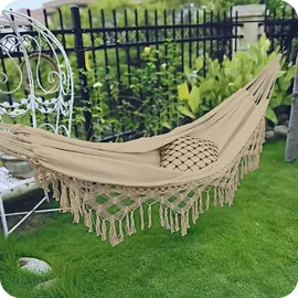 OEM Gartenhängematte Im Brasilianischen Boho-Stil 190x150 cm, Beige, 120 kg Belastbarkeit, Mit Fransen, Aufbewahrungstasche 2 Seilen, Baumwolle-Polyester, Outdoor Indoor