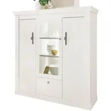 furn.design Highboard weiß Pinie Landhaus Vitrine 140 x 146 cm, mit Soft-Close - Weiß