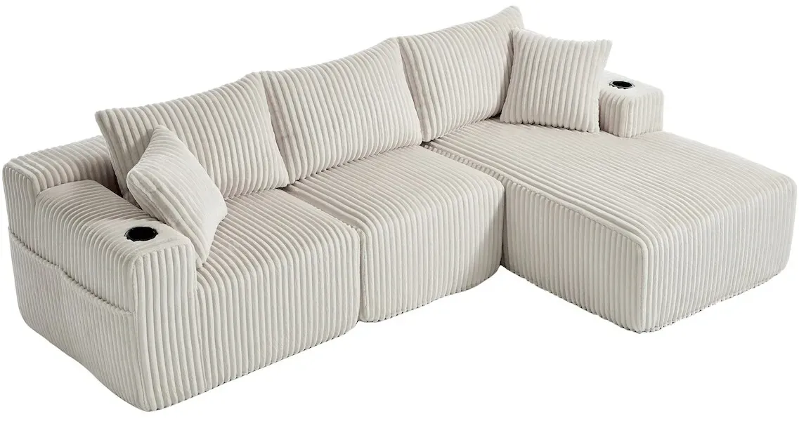 OKWISH Modulares Sofa Set mit Chaiselongue und 2-Sitzer aus Corduroy – Beige, flexibles Design, hoher Komfort