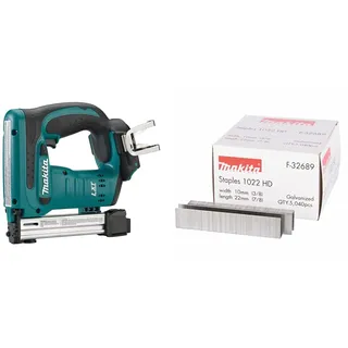Makita DST221Z Tacker 18,0 V (ohne Akku, ohne Ladegerät), 18 V, Blau, Silber & F-32689 Klammer 10-22mm, Mehrfarbig