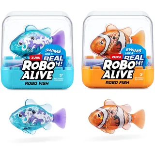 ROBO ALIVE Robo Fish Serie 3 Roboter-Fisch, 2er-Pack, orange und blaugrün, schwimmt in mehrere Richtungen, batteriebetrieben, Spielzeugfisch, Poolspielzeug (2er-Pack, orange und blaugrün)