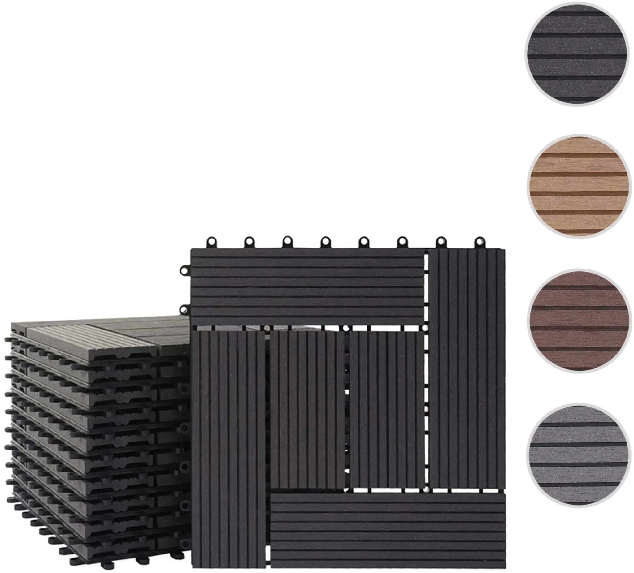 WPC Bodenfliese Rhone, Holzoptik Balkon/Terrasse, 11x je 30x30cm = 1qm ~ Basis, anthrazit versetzt