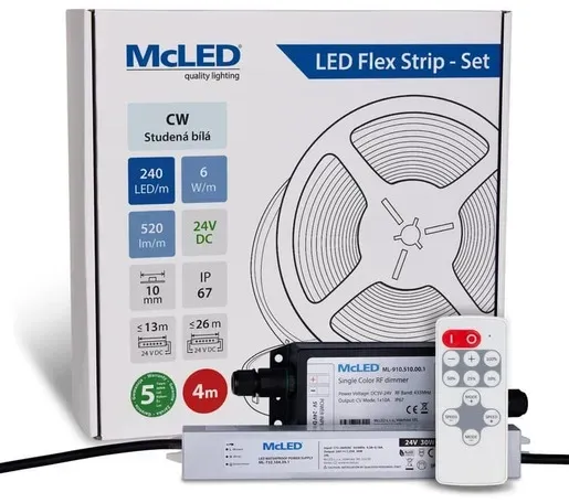 McLED LED-Band - Satz 4 m + Empfänger Nano IP67, 240 LED/m, CW, 6 W/m, DC 24V, 520 lm/m, CRI90, IP67, 10 mm, Konduktor 3 m ML-126.032.90.S04002