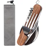6 in 1 Camping Besteckset, Camping Besteck mit Holzgriff