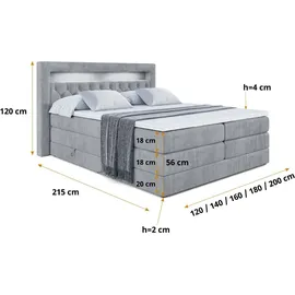 altdecor Boxspringbett NOEL GOLD KING - 160x200 - H3/H4 - Grau