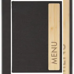 SIGEL SM221 Speisekarten-Mappe A5 "Menu" mit Gummi-Bindung, wasserabweisender Einband, dunkelgrau/beige mit Leinenstruktur, Kunststoff und Bambus