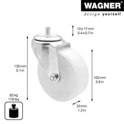 WAGNER Lenkrolle - Ø 100 mm, Stahl verzinkt, weiß, Platte mit Gewinde M10x17, Tragkraft 80 kg - 04111101