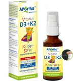 APOrtha® Vitamin D3 + K2 für Kinder -Erdbeergeschmack - 25 ml vegetarisches Mundspray, ca. 180 Portionen, 400 IE Vitamin D3 pro Sprühstoß, 10 μg K2VITAL® Vitamin K2 MK-7 pro Sprühstoß, zuckerfrei