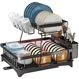 Abbto Abtropfgestell für Küchentheke - Multifunktionaler 2-stöckiger Geschirrkorb und Abtropfschale - Geschirrhalter aus Edelstahl mit Abfluss, Weinglashalter und Utensilienhalter für die Küchentheke