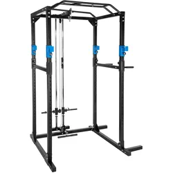 tectake® Power Rack, mit Latzug, höhenverstellbare Langhantelablagen und Sicherheitsstreben, 136 x 142,5 x 215 cm