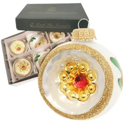 Krebs Glas Lauscha Reflexkugeln Grünes Blatt, Silber Satin, Gold Glitter, 6,5cm